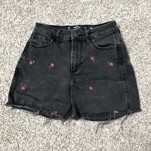 Hollister rose embroidered black jean shorts